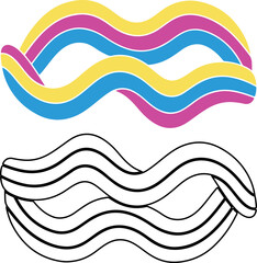 A pansexual pride flag design featuring a wavy, ribbonlike shape, presented in both full color and a blackandwhite outline