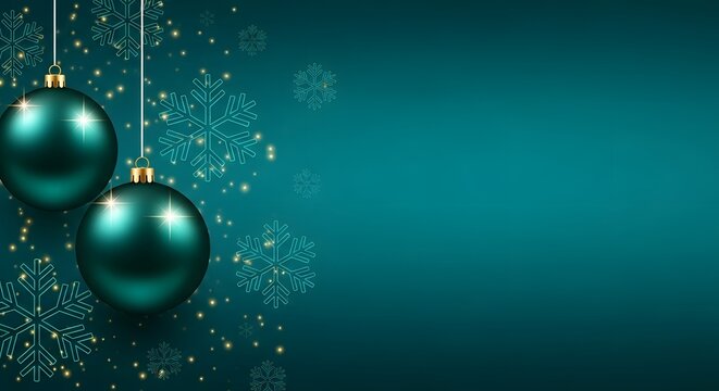 Elegant teal christmas background with baubles and snowflakes design