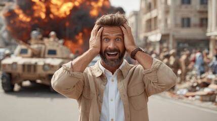 Frightened Man with Hands on Head in Urban Environment Amidst Explosion and Military Vehicles, Depicting Chaos and Shock in Crisis Situation