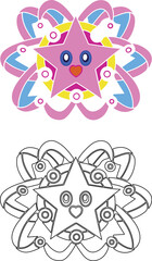 Two cute star flower illustrations, one in full color with pink petals and a smiling star face, the other a black and white line drawing