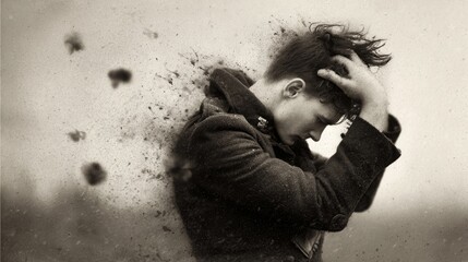 Emotional Portrait of a Contemplative Person Surrounded by Blurred Elements Illustrating Turmoil and Inner Conflict in an Artistic Monochrome Style