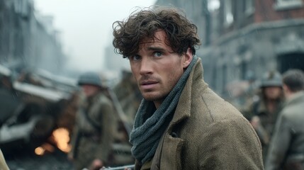 Emotional soldier in a war-torn city contemplating the harsh realities of conflict, surrounded by destruction, smoke, and chaos during historic battles.