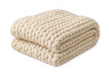 Cream chunky knit blanket folding on transparent background