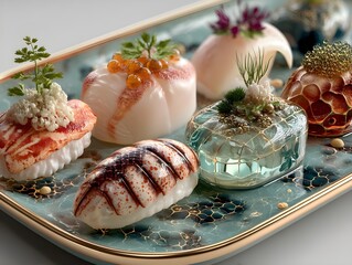Exquisite artistic sushi creations presented on a decorative platter, a culinary masterpiece.