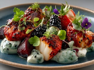 Gourmet seafood dish with berries and vibrant greens, artfully presented on a plate.
