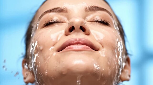Serene face illuminated by soft lighting, showcasing beauty and tranquility as water cascades, creating refreshing atmosphere of natural freshness and rejuvenation in close up