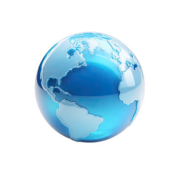 A stylized, translucent blue globe depicting the Earth, primarily showing North and South America, with a glossy, reflective surface