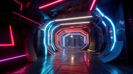 Futuristic illuminated corridor with colorful neon lights