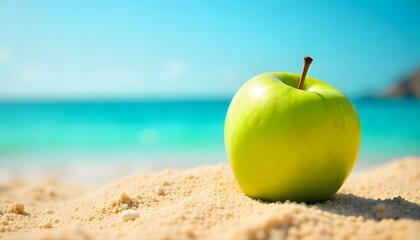 A vibrant green apple on the beach sand with sea and sky in the background. Perfect mix of freshness, summer, and healthy lifestyle concepts.