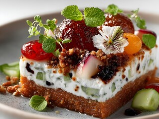 Exquisite layered dessert with fresh fruit and delicate edible flowers, a sweet gourmet treat.