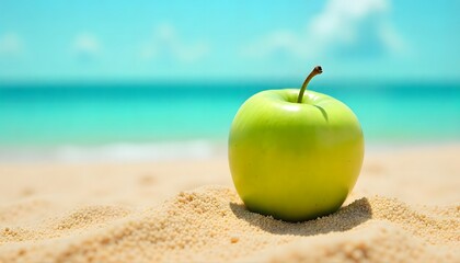 A vibrant green apple on the beach sand with sea and sky in the background. Perfect mix of freshness, summer, and healthy lifestyle concepts.