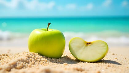 A vibrant green apple on the beach sand with sea and sky in the background. Perfect mix of freshness, summer, and healthy lifestyle concepts.