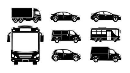 Naklejka premium Various transportation vehicle silhouettes, including cars, buses, and trucks in a flat icon set