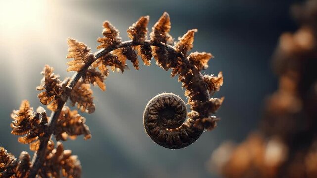 Close-up of a fern fiddlehead curling into a spiral with brown dried scales.