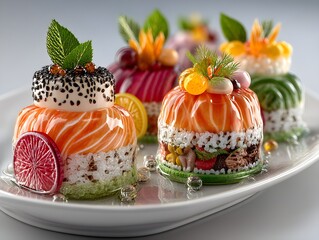 Artfully crafted sushi desserts served on a white platter, a delightful culinary masterpiece.