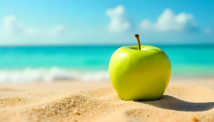 A vibrant green apple on the beach sand with sea and sky in the background. Perfect mix of freshness, summer, and healthy lifestyle concepts.