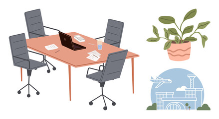 Fototapeta premium Minimalist office desk with chairs, laptop, papers, and water glass, a decorative potted plant, and stylized airport with airplane. Ideal for business, teamwork, travel productivity workspace