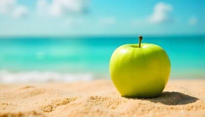 A vibrant green apple on the beach sand with sea and sky in the background. Perfect mix of freshness, summer, and healthy lifestyle concepts.