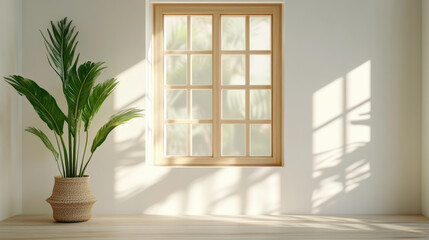 Fototapeta premium Bright window with wooden frame and indoor plant creates serene atmosphere