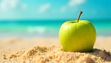 A vibrant green apple on the beach sand with sea and sky in the background. Perfect mix of freshness, summer, and healthy lifestyle concepts.
