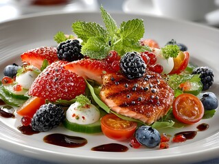 Delectable grilled salmon salad with fresh berries and mozzarella, a vibrant and healthy gourmet meal.