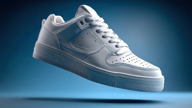 A white sneaker levitates against a gradient blue background. Detailed textures are visible