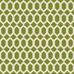 Fototapeta premium A modern repeating geometric pattern of vertical oval chains and small diamonds in muted earthy green on a light beige background. Clean, balanced, and minimalist design ideal for wallpaper or fabric