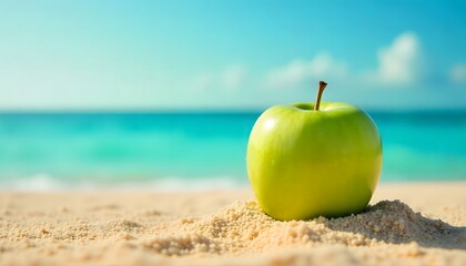 A vibrant green apple on the beach sand with sea and sky in the background. Perfect mix of freshness, summer, and healthy lifestyle concepts.