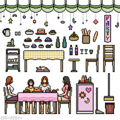 pixel art isolated background set of sister family dining party