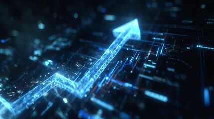 Fototapeta premium Dynamic glowing blue arrow surges upwards through abstract futuristic digital network, symbolizing growth and success