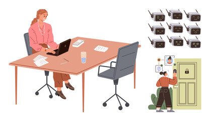 Woman typing at desk with laptop, papers, and glass. Nearby, another inputs code on door panel with icons. Ideal for office tasks, security, technology, problem-solving teamwork workplace simple