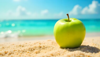 A vibrant green apple on the beach sand with sea and sky in the background. Perfect mix of freshness, summer, and healthy lifestyle concepts.