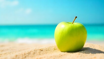 A vibrant green apple on the beach sand with sea and sky in the background. Perfect mix of freshness, summer, and healthy lifestyle concepts.
