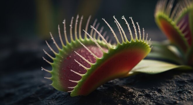 Carnivorous Venus flytrap plant with dew drops on leaves close up view
