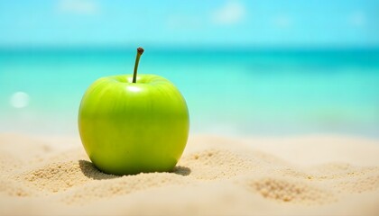A vibrant green apple on the beach sand with sea and sky in the background. Perfect mix of freshness, summer, and healthy lifestyle concepts.