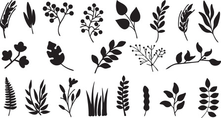 Black and white botanical vector pack: leaves, branches, and floral elements eps silhouette