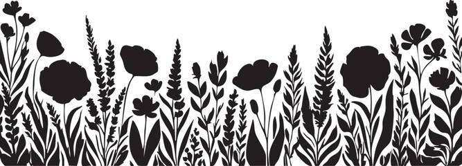 Black and white flower silhouette vector: floral border design eps