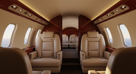 Luxurious private jet interior with cream leather seats and wood paneling