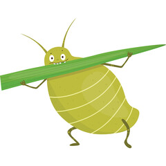 Funny Green Cartoon Aphid Insect Creature Holding a Large Green Leaf Stalk with Open Mouth and Big Eyes on Transparent Background