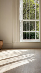 Fototapeta premium Light filters through a large window into a serene indoor space with a plant pot on the floor