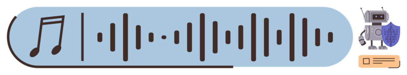 Audio waveform and music note showing sound and creativity, robot and shield symbolizing AI and security. Ideal for technology, AI, data, music, sound analysis, cybersecurity, simple flat metaphor