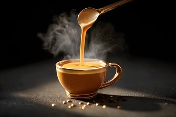 Golden cup of steaming coffee being poured with a spoon dark background