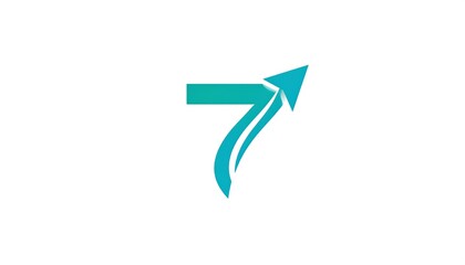 Abstract teal number seven morphing into an upward-pointing arrow against a clean white backdrop