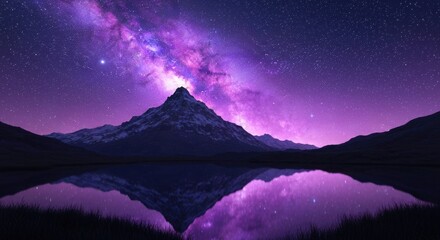 Majestic snow-capped mountain range reflects in tranquil water beneath a vibrant, starry night sky