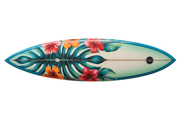 Surfboard with tropical floral pattern isolated on transparent background