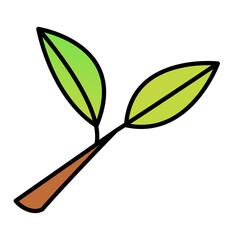 Two green leaves sprout from a brown stem against a transparent background representing growth and new beginnings in a simple cartoon style.