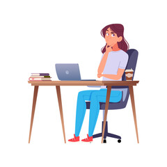 Thoughtful woman working at desk with laptop, pondering solution.