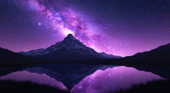 Majestic snow-capped mountain range reflects in tranquil water beneath a vibrant, starry night sky
