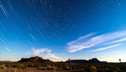 Obraz premium Long-Exposure Desert Nightscape with Circular Star Trails and Southwestern Mesas Under Moonlit Sky