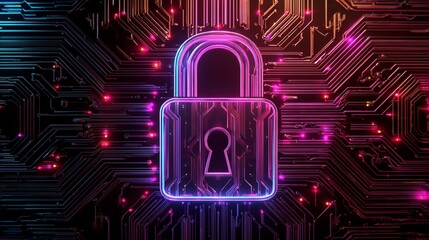 Secure your digital world with this vibrant, glowing padlock symbolizing cybersecurity and data protection on a circuit board.